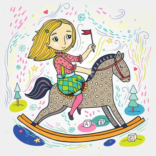 Menina na ilustração da cor do cavalo — Vetor de Stock