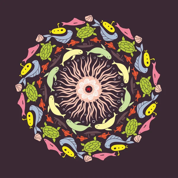 Цветной орнаментальный круглый с рыбой — стоковый вектор