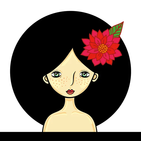 Girl with circle black hair and red flower — Stock Vector