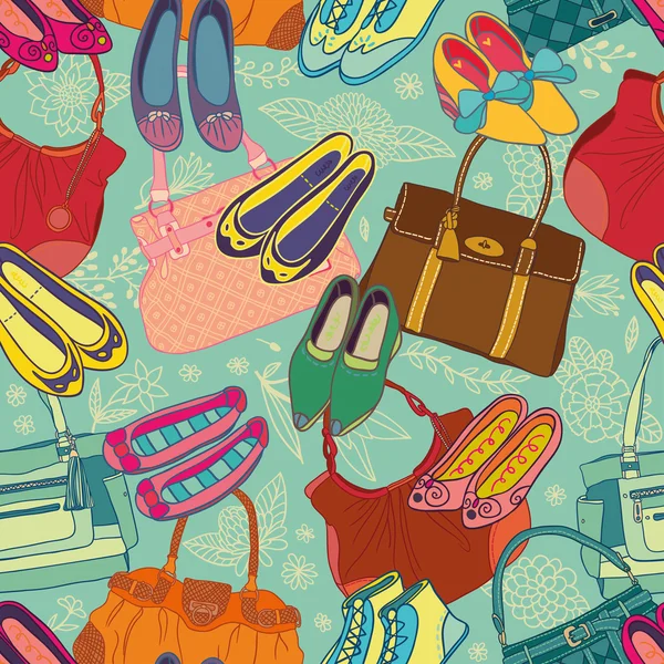 Schöne Schuhe und Handtaschen blaues Muster — Stockvektor