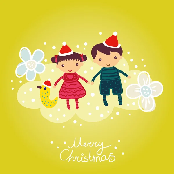 Tarjeta de Navidad niño y niña — Vector de stock