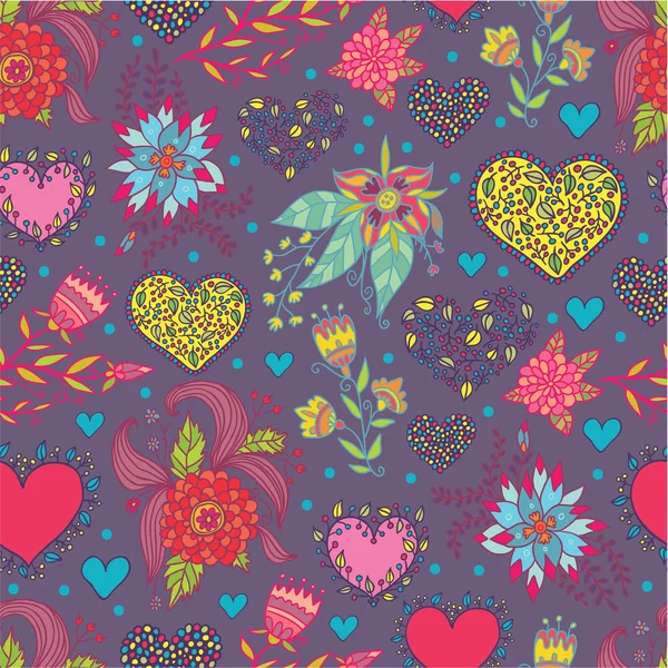 Beautiful flowers and hearts seamless pattern — Stock Vector