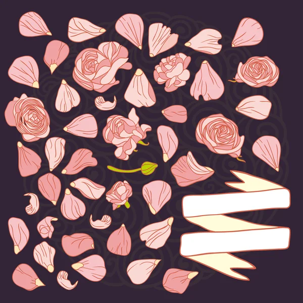 Cartão roxo com pétalas de rosa — Vetor de Stock