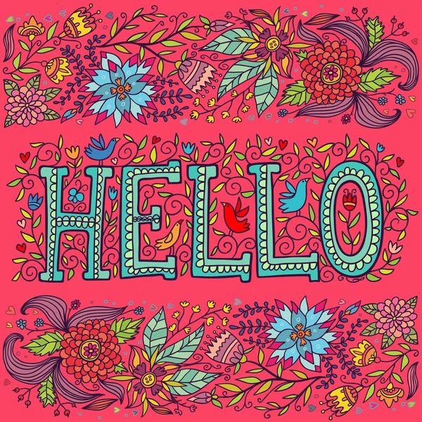 Word hello and flowers on a pink background. — Stock Vector