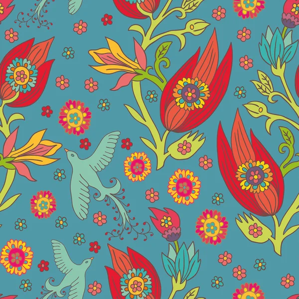 Bleu motif floral sans couture avec un oiseau — Image vectorielle