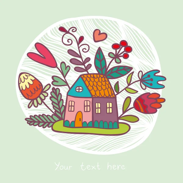 Tarjeta de casa y flores — Vector de stock