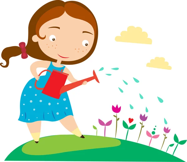 Girl watering spring flowers — Stock Vector