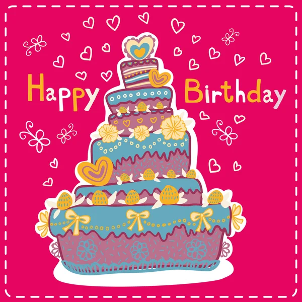 Tarjeta de cumpleaños rosa con pastel — Vector de stock