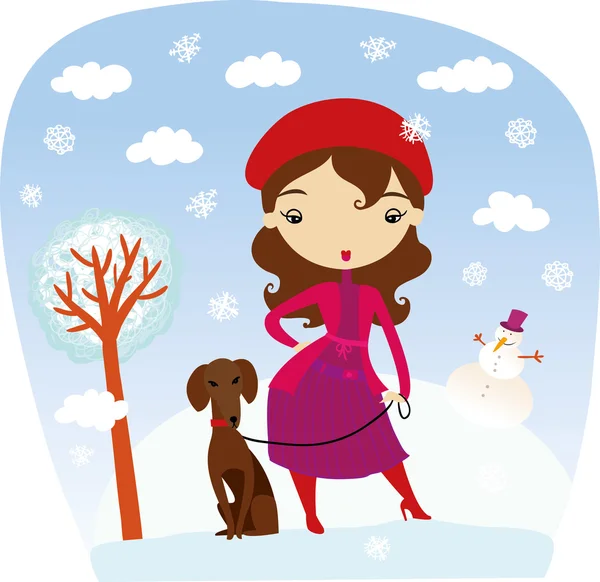 Girl walking with dog in winter — Stock Vector