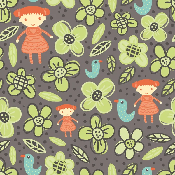 Chica y flores verdes patrón inconsútil gris — Vector de stock