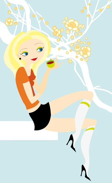 Rubia está bebiendo té sobre un fondo flores — Vector de stock