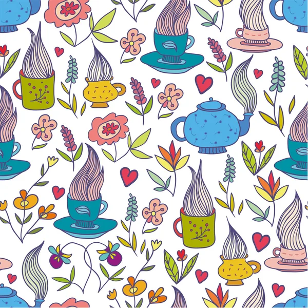 Doodle flowers and cups seamless pattern — Stock Vector