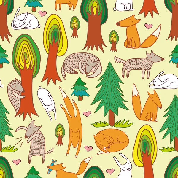 Tiere im Wald nahtlose Muster — Stockvektor