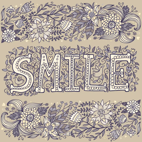 Palabra sonrisa y flores en beige — Vector de stock