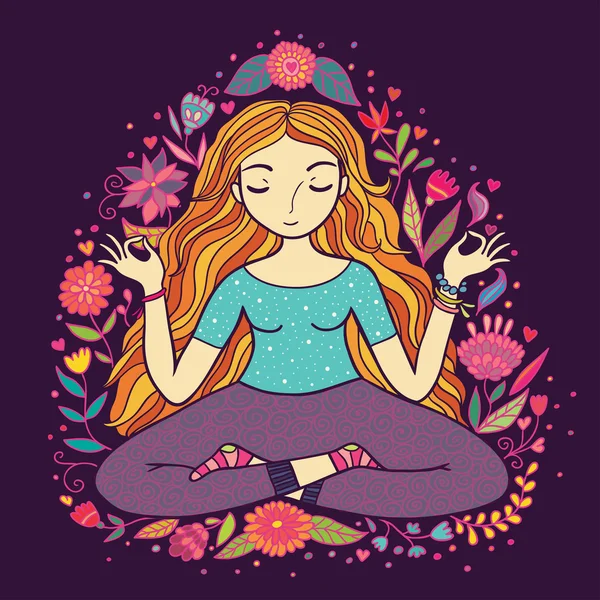 Chica de la meditación con el pelo largo . — Vector de stock