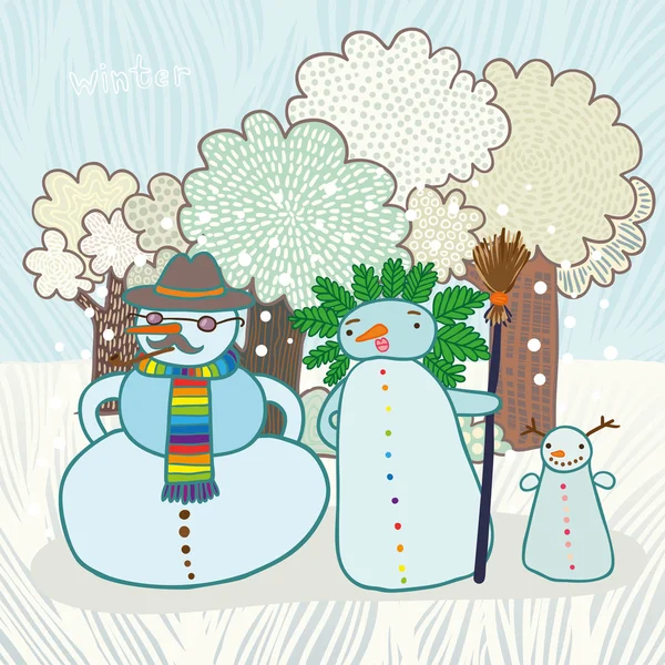 Family of snowmen in a forest card — Stock Vector