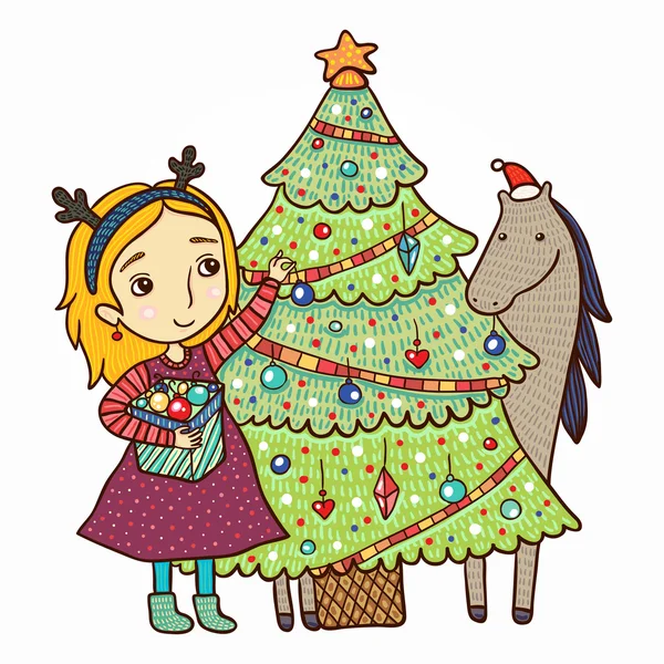 Girl decorates the Christmas tree card — Stock Vector