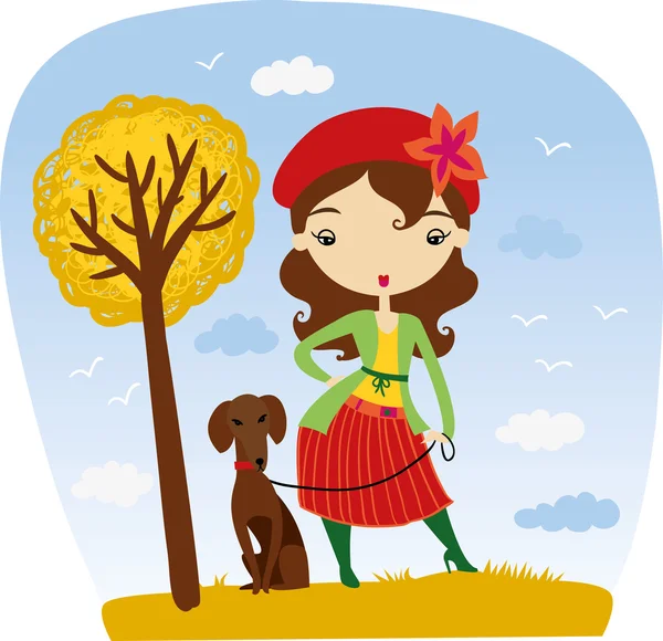 Autumn girl with dog. — Stock Vector