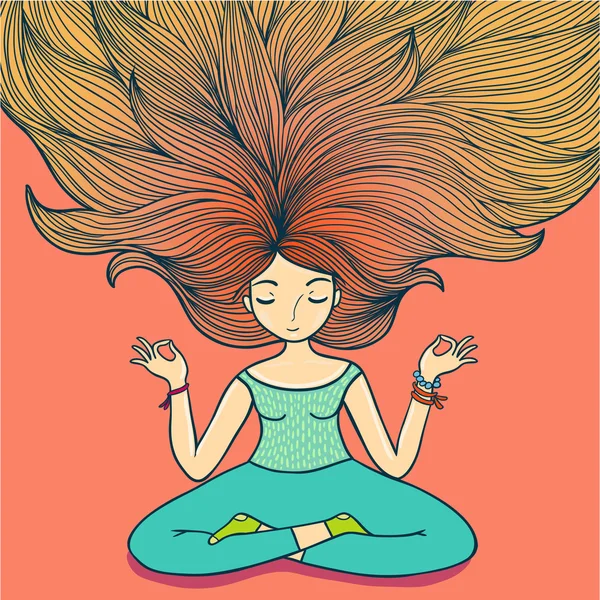 Meditação menina com cabelos longos . — Vetor de Stock