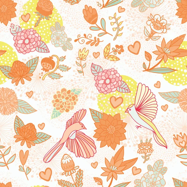 Fleurs oiseaux coeurs orange motif sans couture — Image vectorielle