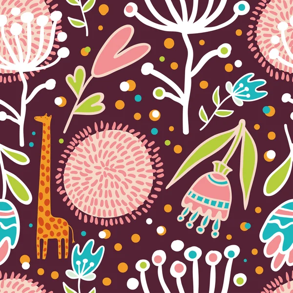 Fleurs et girafes motif sans couture — Image vectorielle