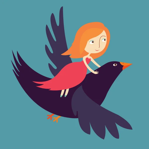 Girl flying on bird — Stock Vector