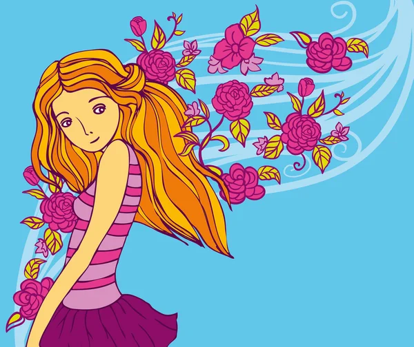 Arrière-plan avec jeune fille brillante et fleurs — Image vectorielle