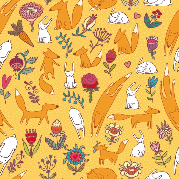 キツネのノウサギ黄色花のシームレスなパターン — ストックベクタ