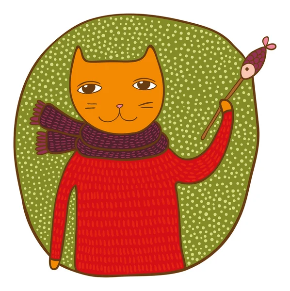 Cat with fish in red sweater — Stock Vector
