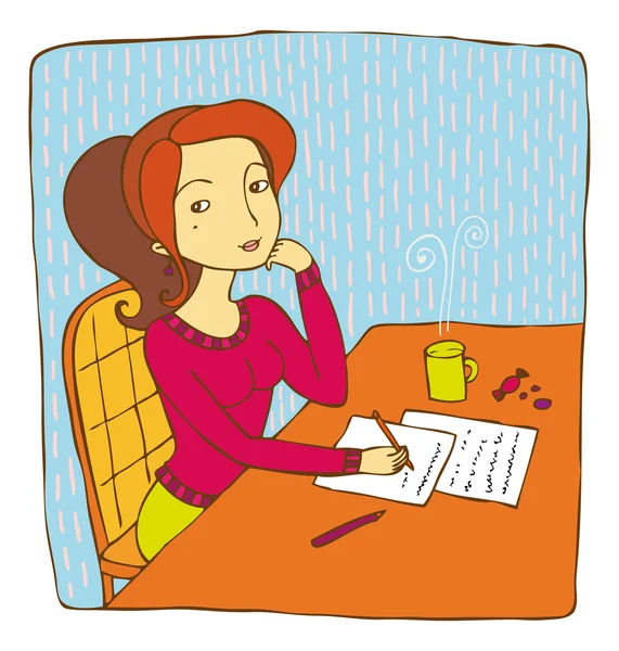 Girl writes and thinks — Stock Vector