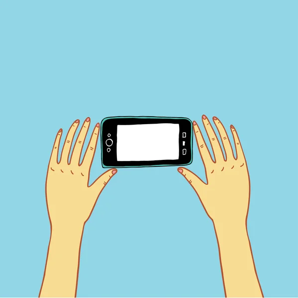 Smartphone in hands on a blue background. — Stock Vector