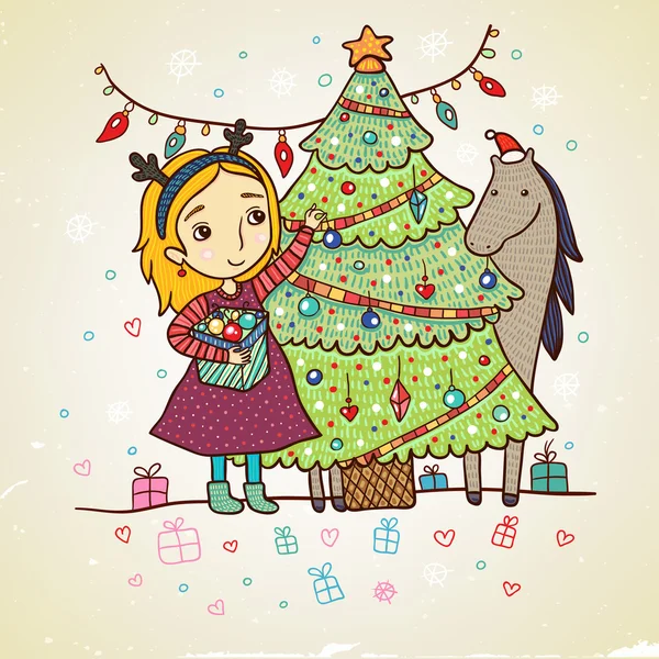 Chica decora la tarjeta del árbol de Navidad — Vector de stock