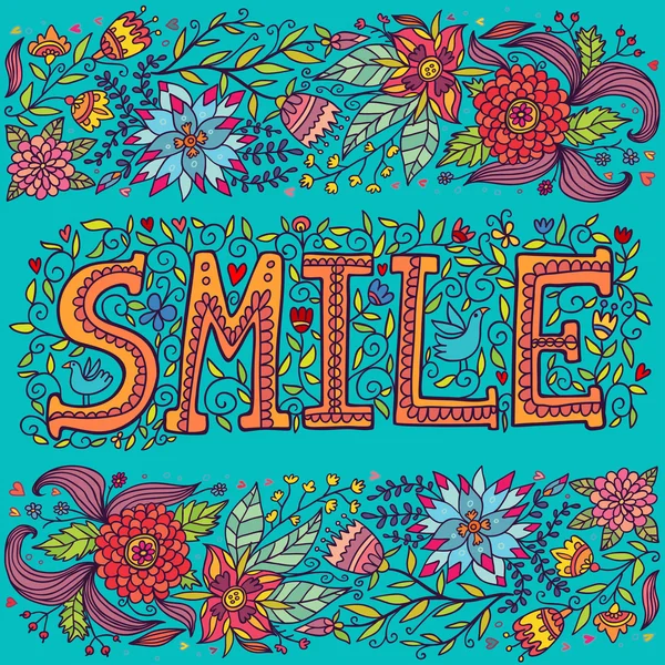 Word smile and flowers on a blue background. — Stock Vector