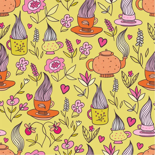 Doodle bloemen en kopjes lente patroon — Stockvector