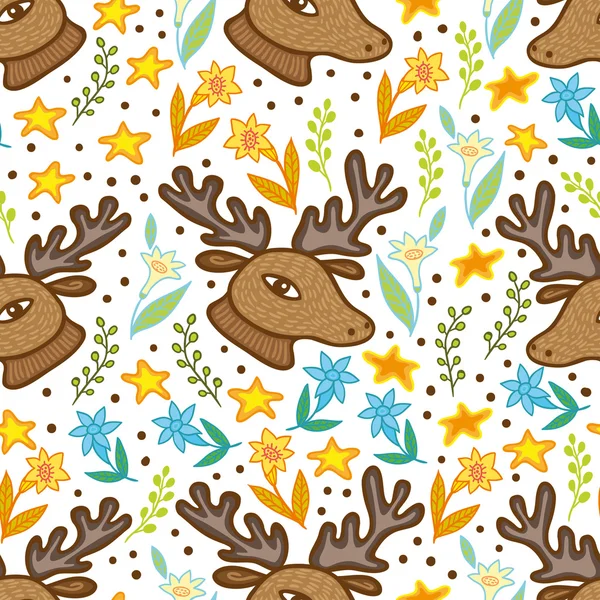 Deer head and flowers  seamless pattern — Stock Vector