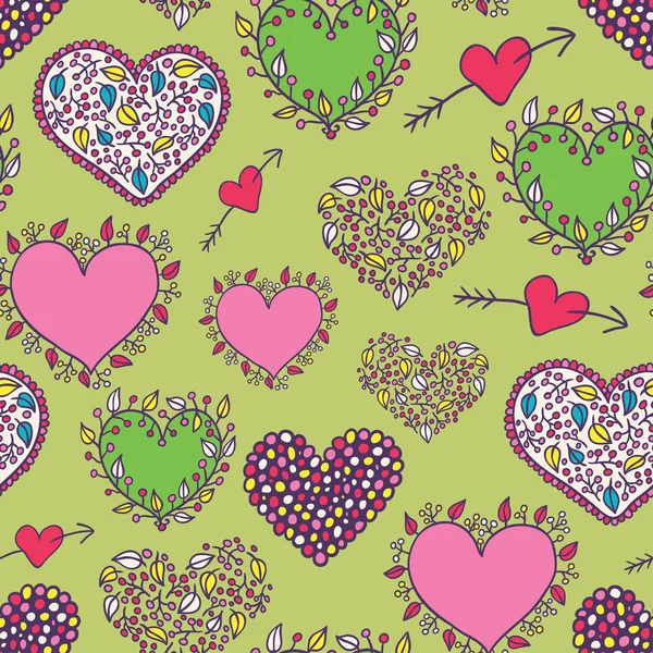 Dibujos animados corazones verde patrón sin costura — Vector de stock
