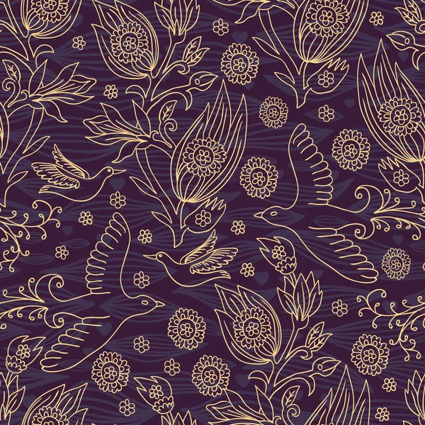 Textura sem costura violeta com flores e pássaros — Vetor de Stock