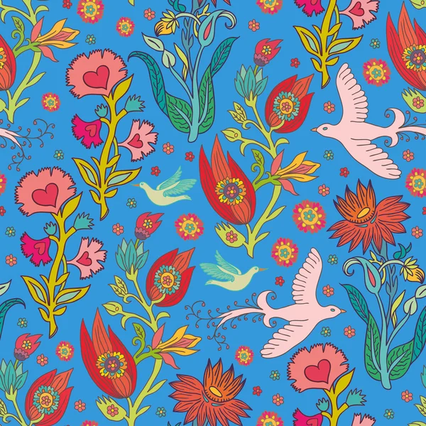 Πουλιά και όμορφα floral μοτίβο άνευ ραφής — Διανυσματικό Αρχείο