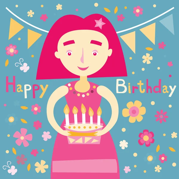 Meisje met taart verjaardagskaart — Stockvector