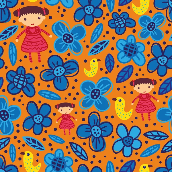 Fille et fleurs bleues motif sans couture — Image vectorielle