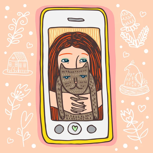 Kız selfie ile kedi.