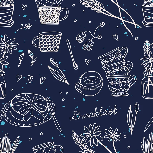 Cute breakfast blue seamless pattern — Stock Vector