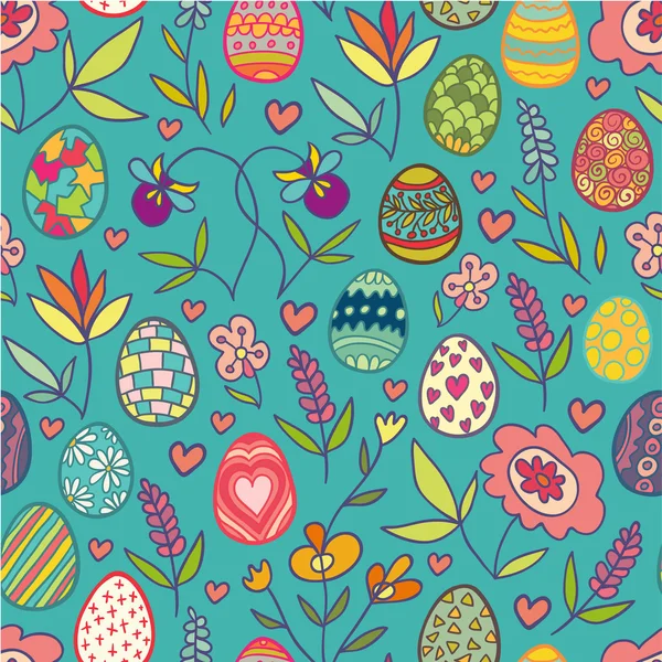 Doodle flores y huevos patrón azul — Vector de stock