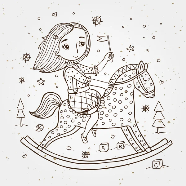 Girl on the horse contour illustration — Stock Vector