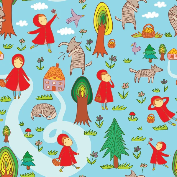 Red Riding Hood Seamless Pattern — Stock Vector