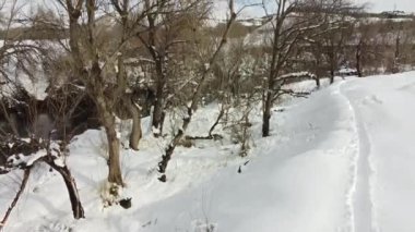 Karlı bir manzaradan yukarı doğru eğil, çıplak ağaçlar bir nehri ortaya çıkarır ve arka planda yükselen bazı tepeler