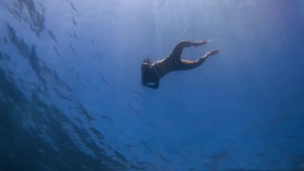 바다에서 수영하는 소녀의 아래에서 바라봄 — 비디오