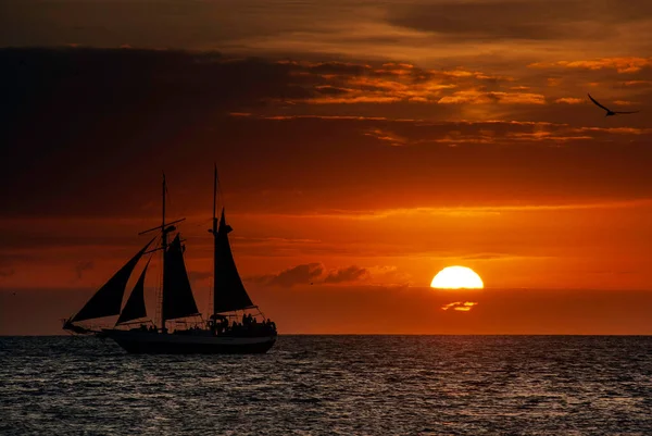 Silhouette Una Barca Vela Piena Vela Tramonto — Foto Stock