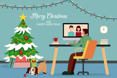 Noel arifesinde dizüstü bilgisayarı ve köpeği olan bir adamın vektör çizimi, Noel karikatür karakterleri, tebrik kartı tasarımı, mutlu noeller ve mutlu noeller.