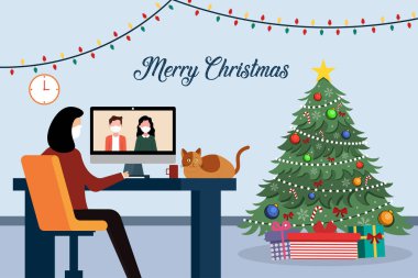 Noel arifesinde dizüstü bilgisayarı ve kedisi olan, Noel ağacının yanında oturan bir kadının vektörel çizimi, Noel karikatürü karakterleri, tebrik kartı tasarımı, mutlu noeller ve mutlu noeller.